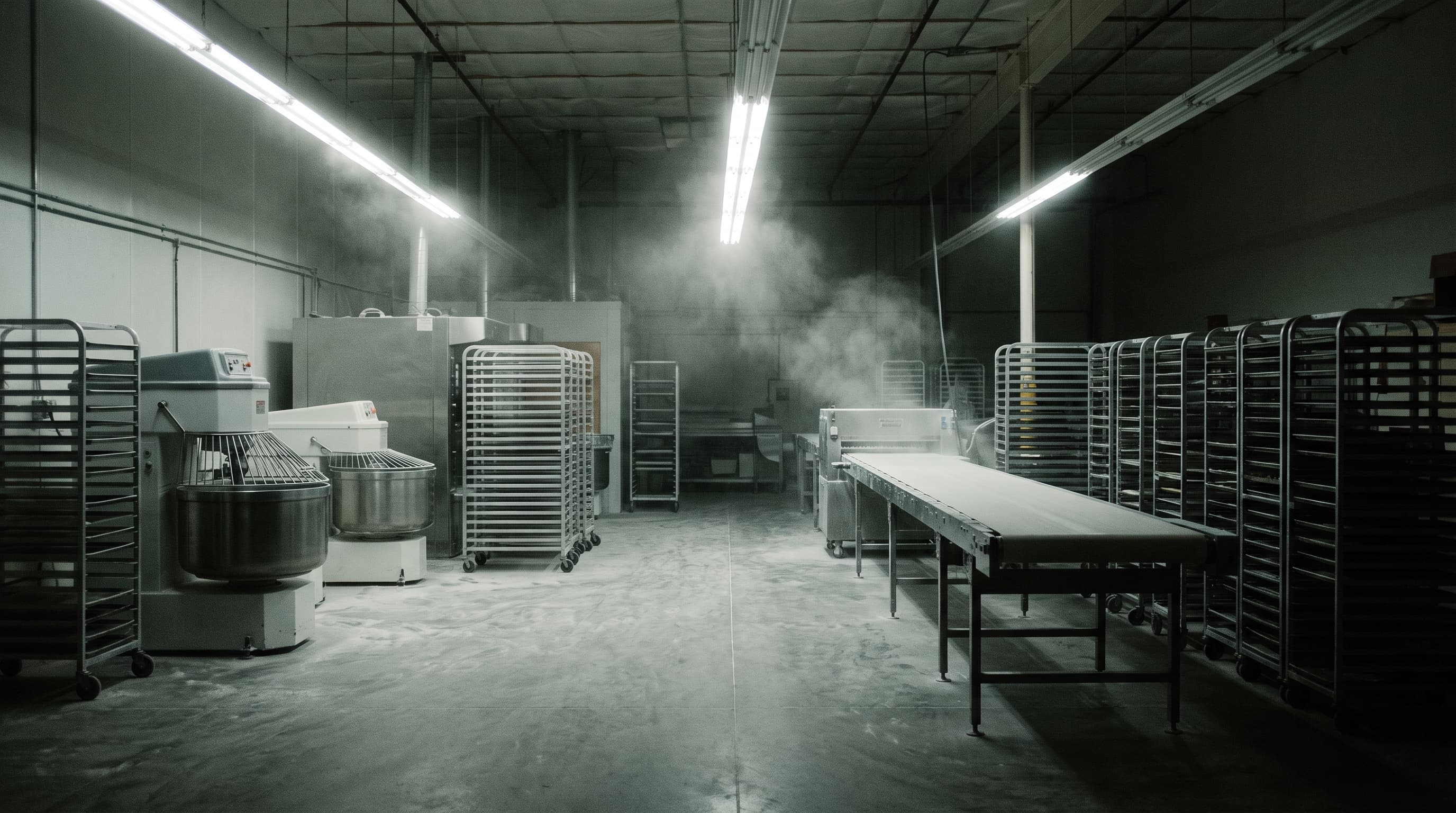 A commercial bakery production area between shifts