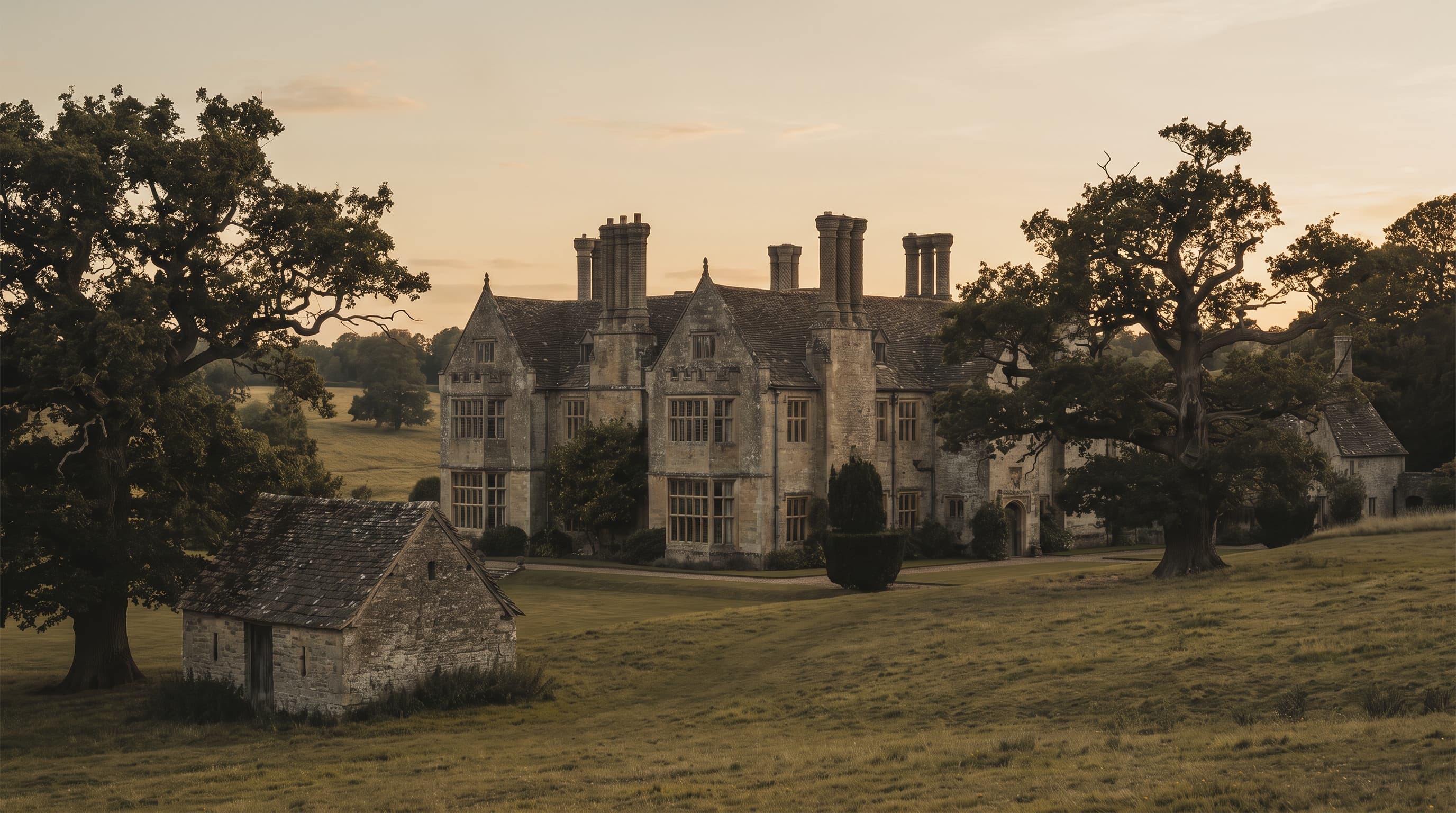 An Elizabethan manor house across parkland at dusk