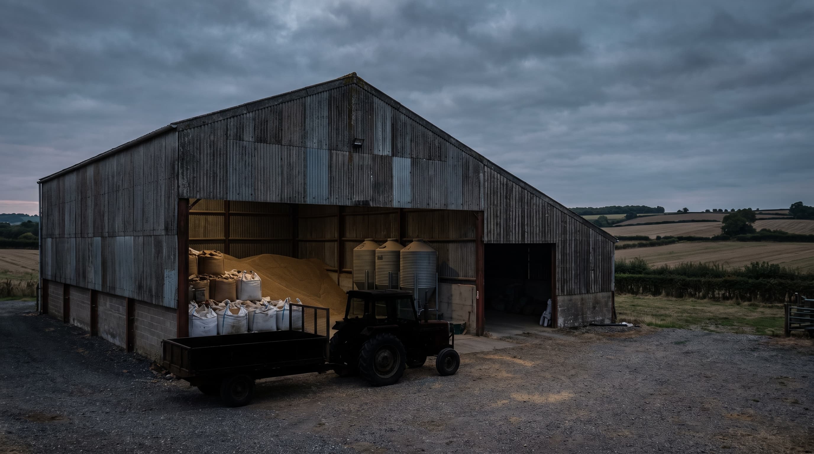 An English farm grain store at dusk