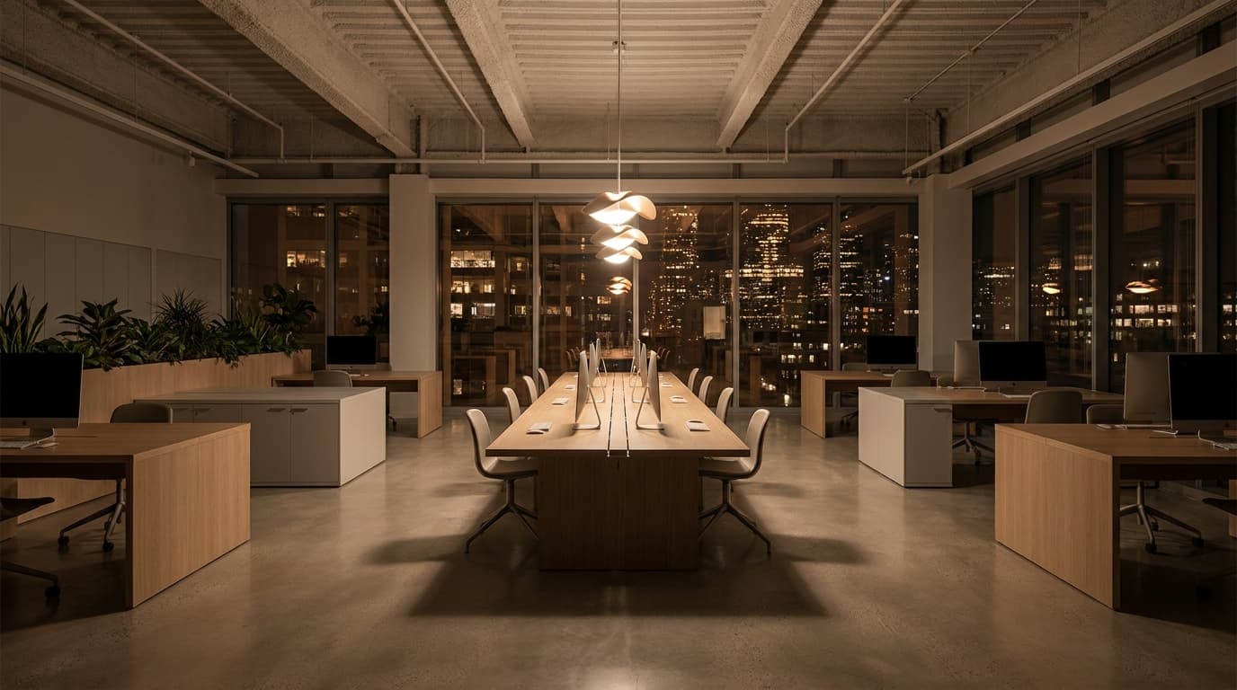 An empty open-plan office floor at night, desks in darkness and the city lit through the glazing behind