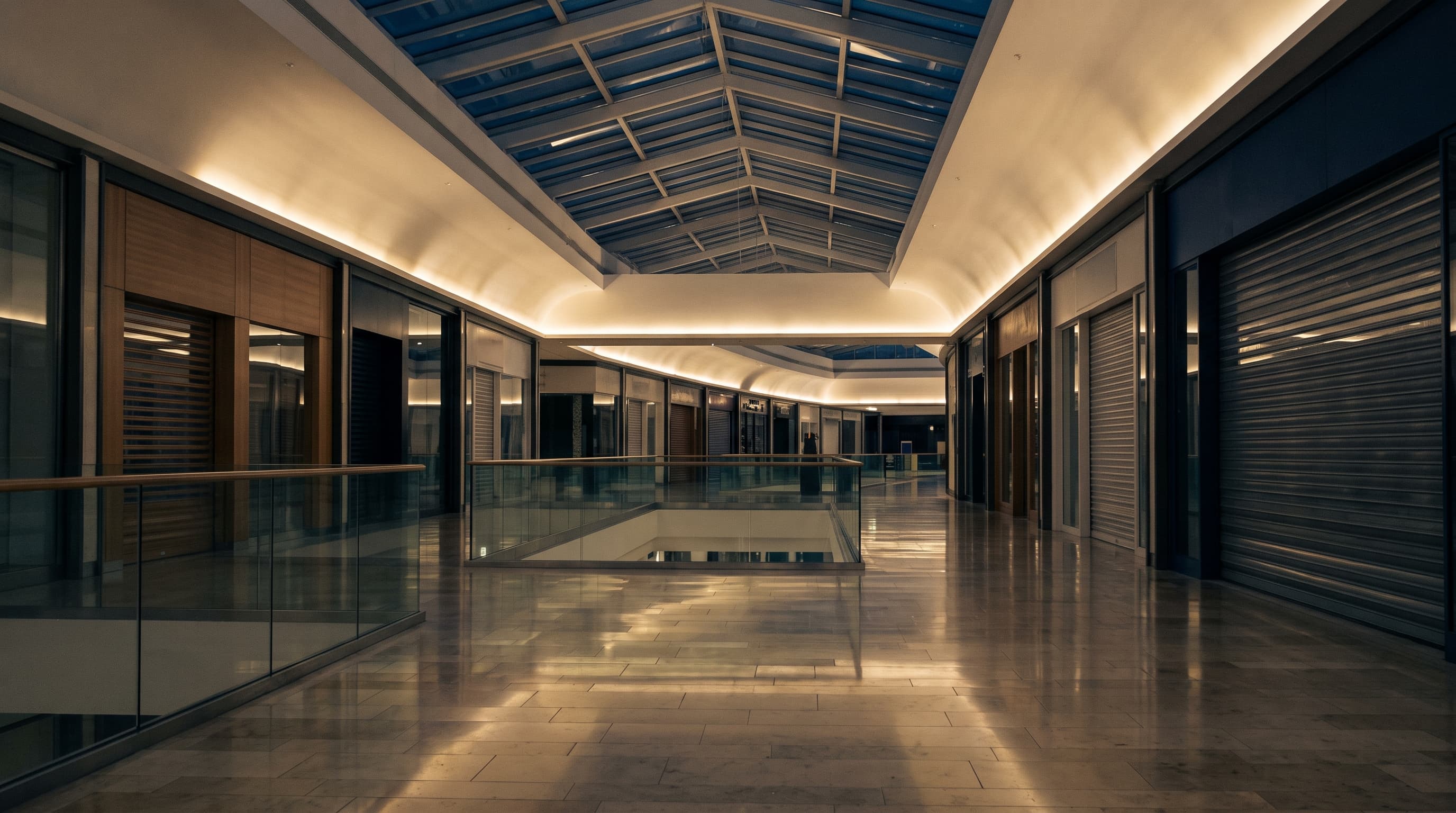 A large institutional building interior at night