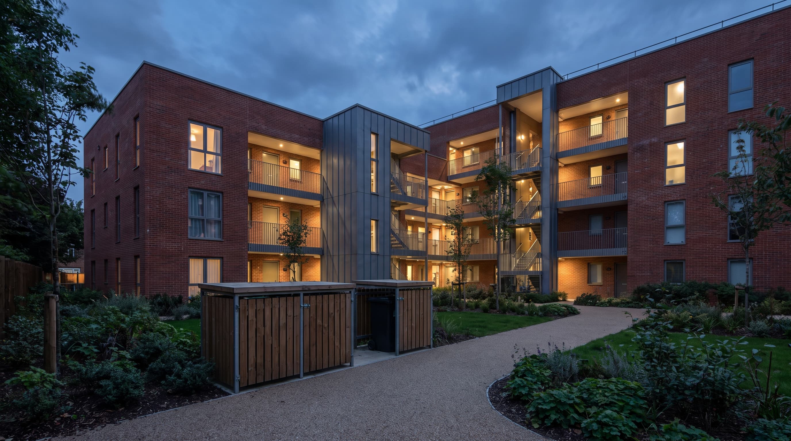 A London residential housing block at dusk