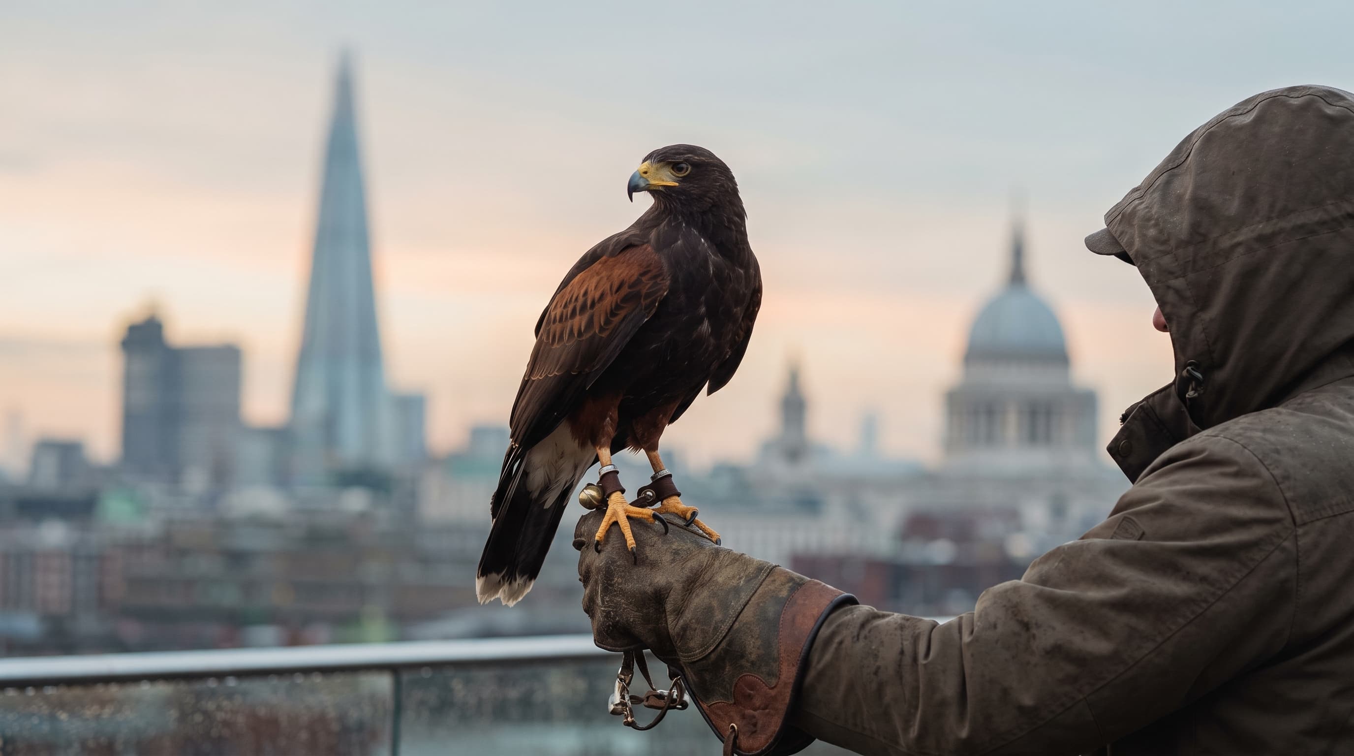 A trained hawk on a falconer's glove against a city rooftop at first light