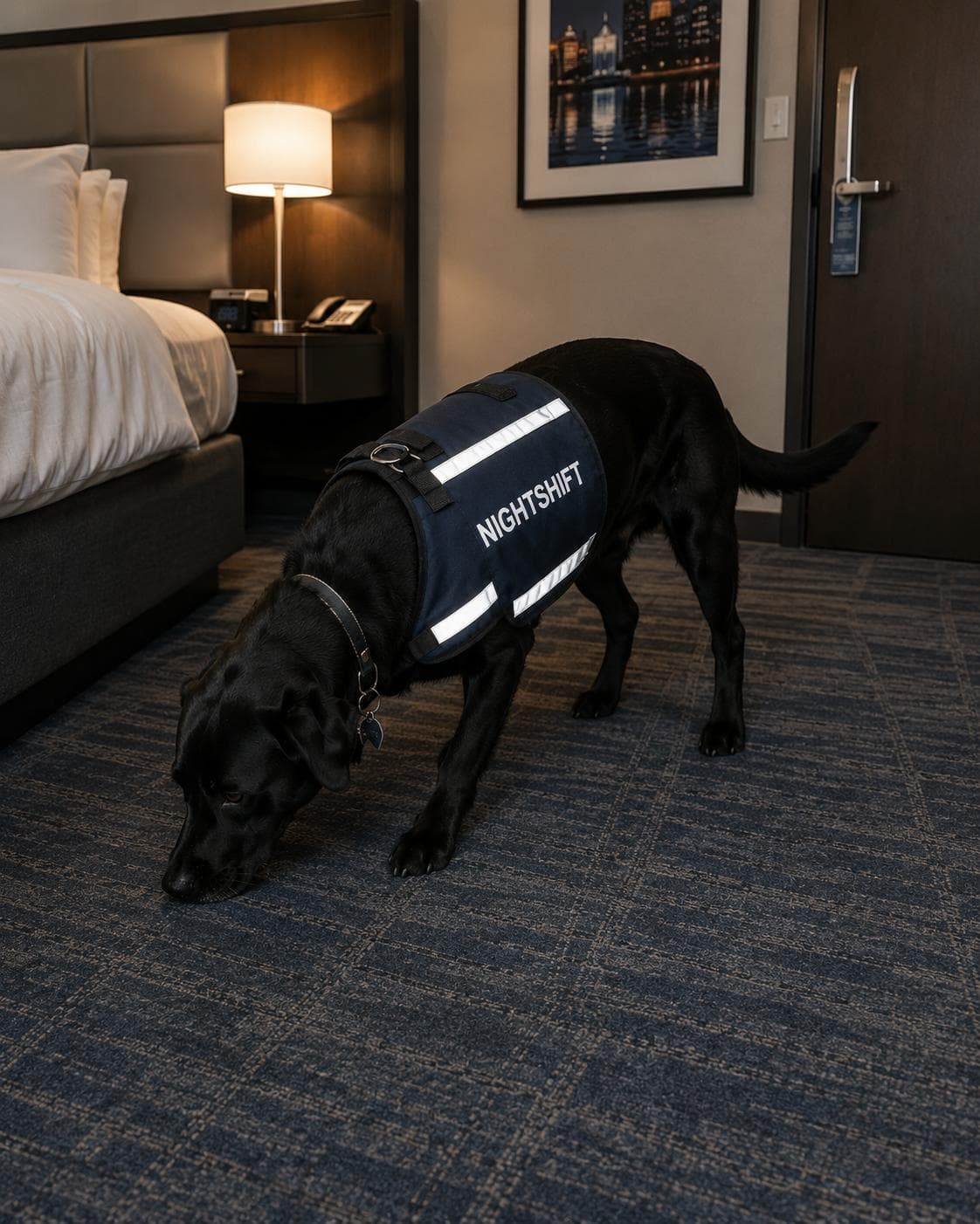 A Nightshift bed bug detection dog searching a hotel bedroom at night