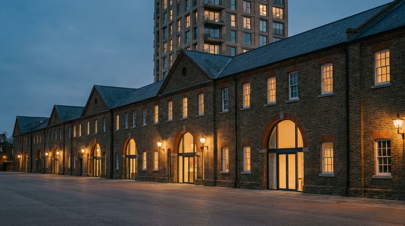 Long nineteenth century brick storehouses converted to homes at dusk, arched ground floor openings glazed, a new riverside tower behind