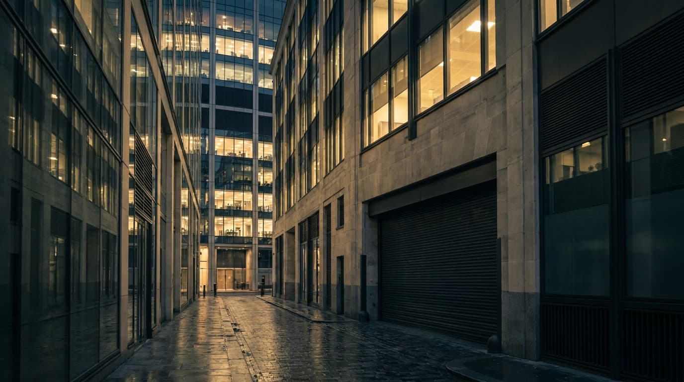 City of London office towers at night with a narrow service lane and loading bay at ground level