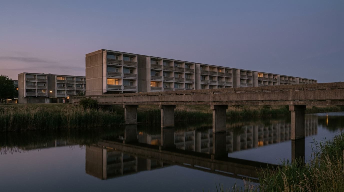 A 1960s system-built concrete housing estate beside still water at dusk, with a raised walkway on piers