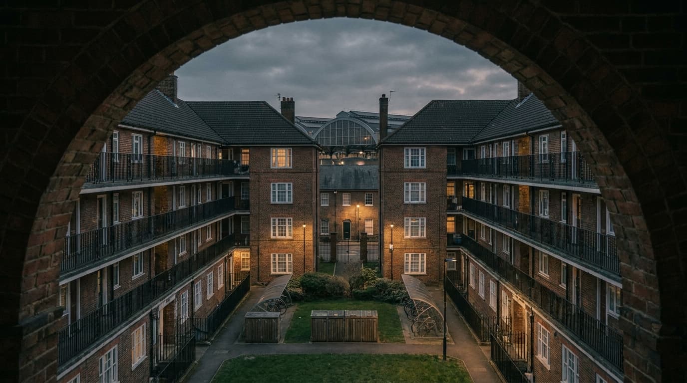 Looking through a brick archway into the courtyard of an interwar council estate at dusk, balconied blocks around a small green, a Victorian station roof beyond