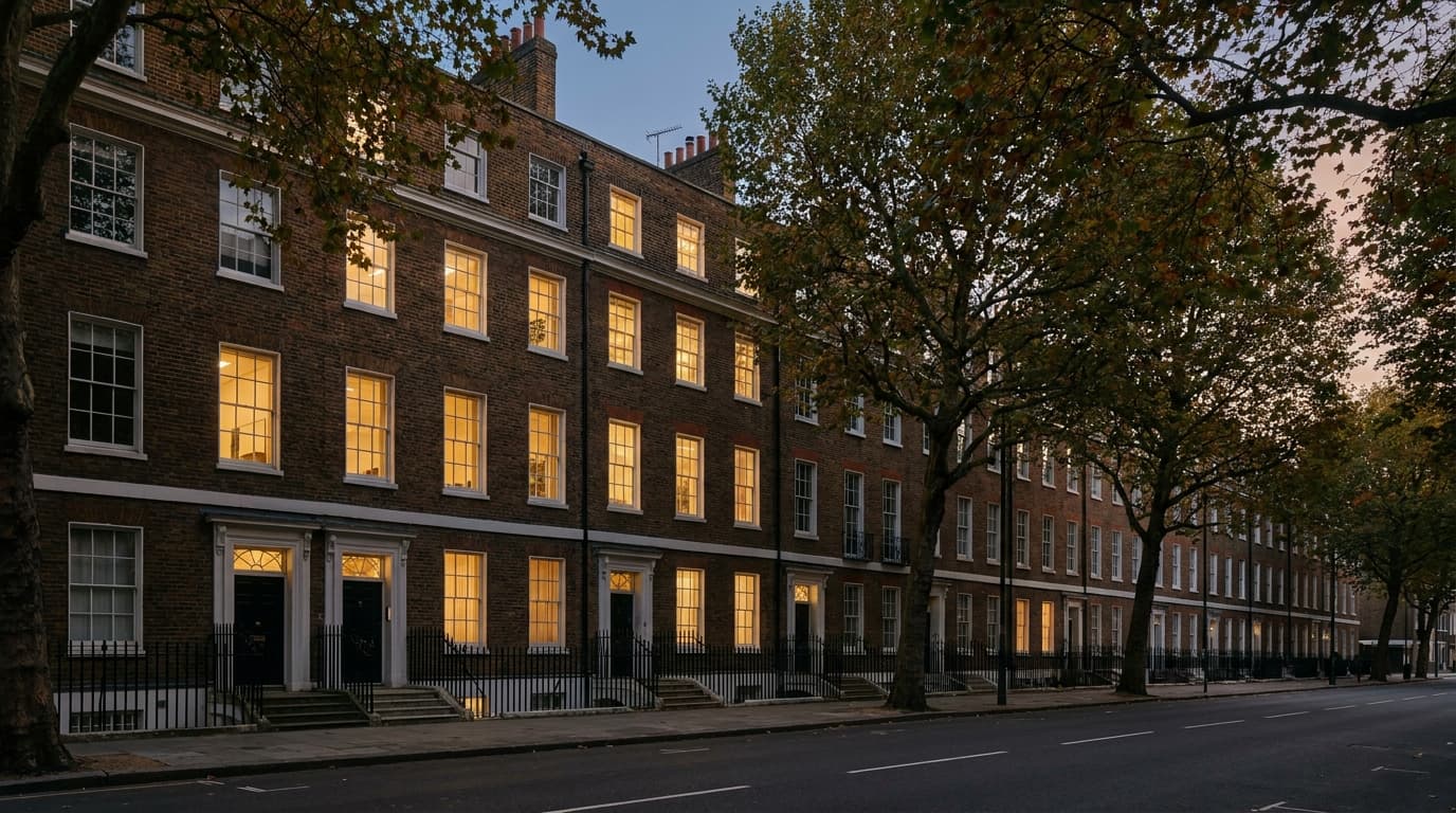 A long early Georgian brick terrace in professional use at dusk, sash windows lit, railings and basement areas along a tree-lined street