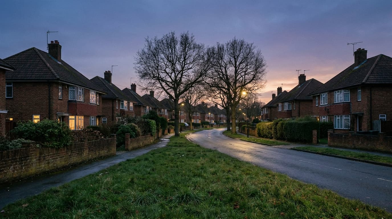 An interwar cottage estate street at dusk, brick semis with front gardens repeating into the distance