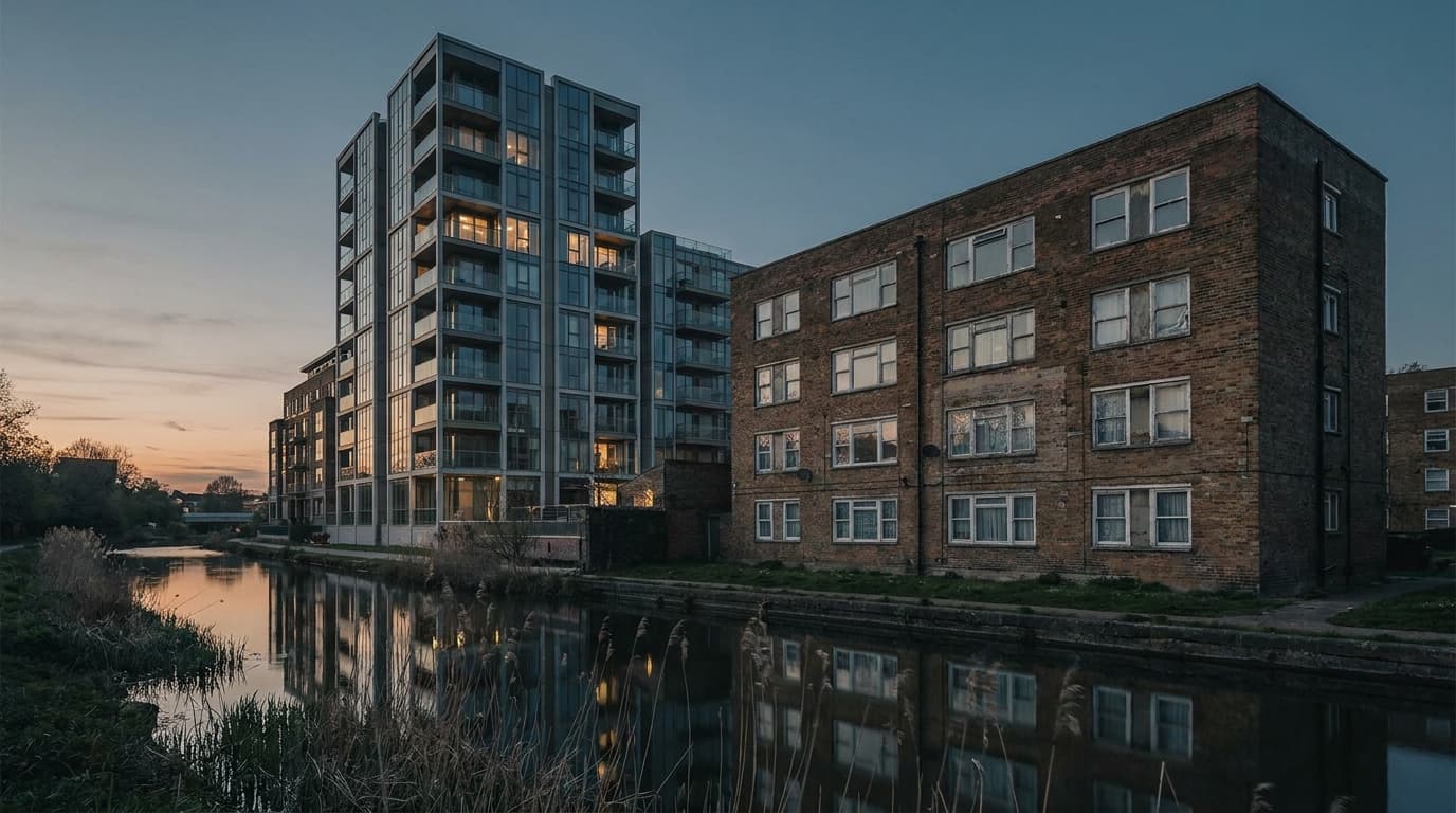 Recent residential towers standing beside a surviving post-war brick block at dusk, water in the foreground