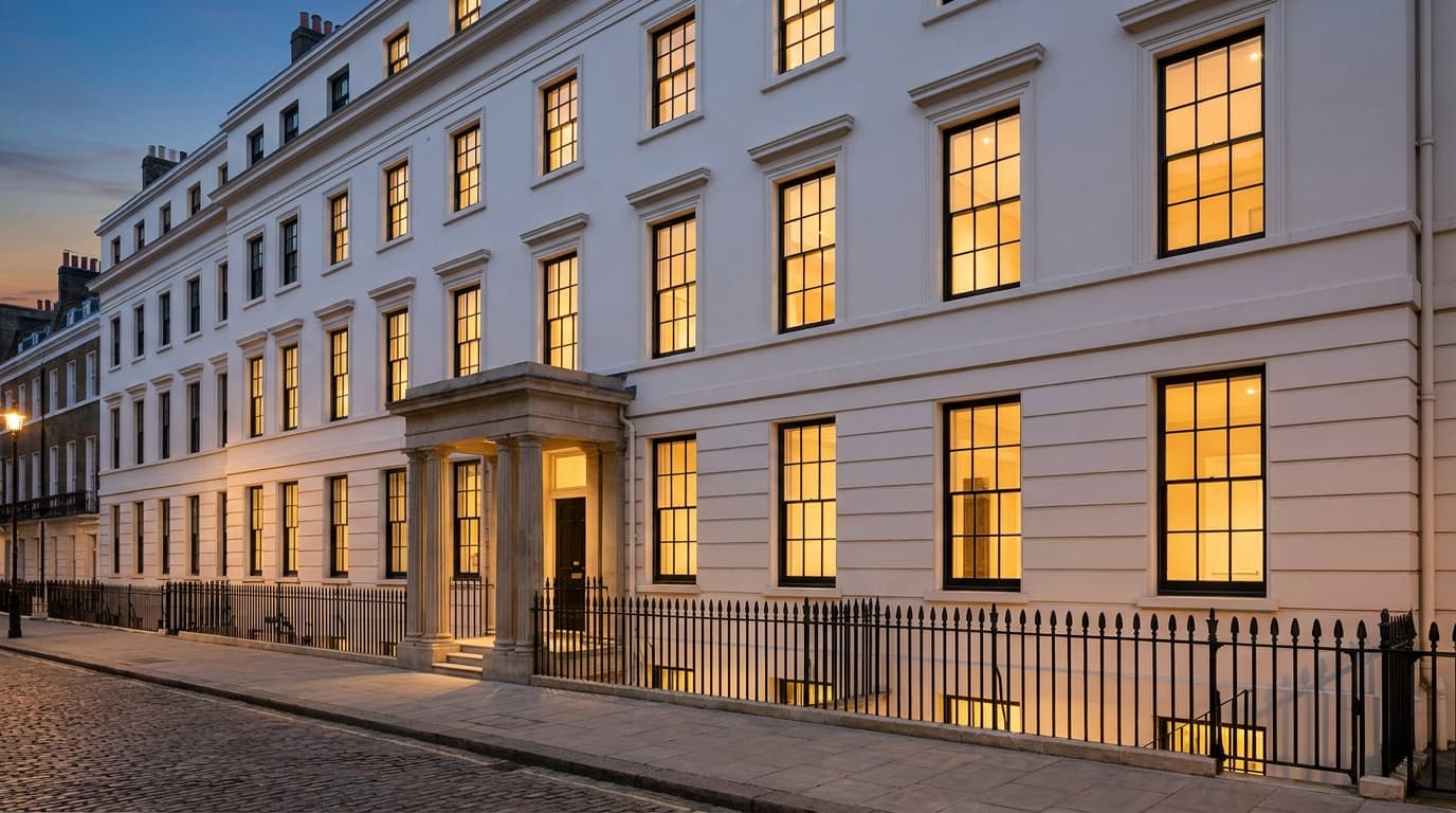 A white stuccoed London mansion block at dusk with railings and a basement lightwell below pavement level