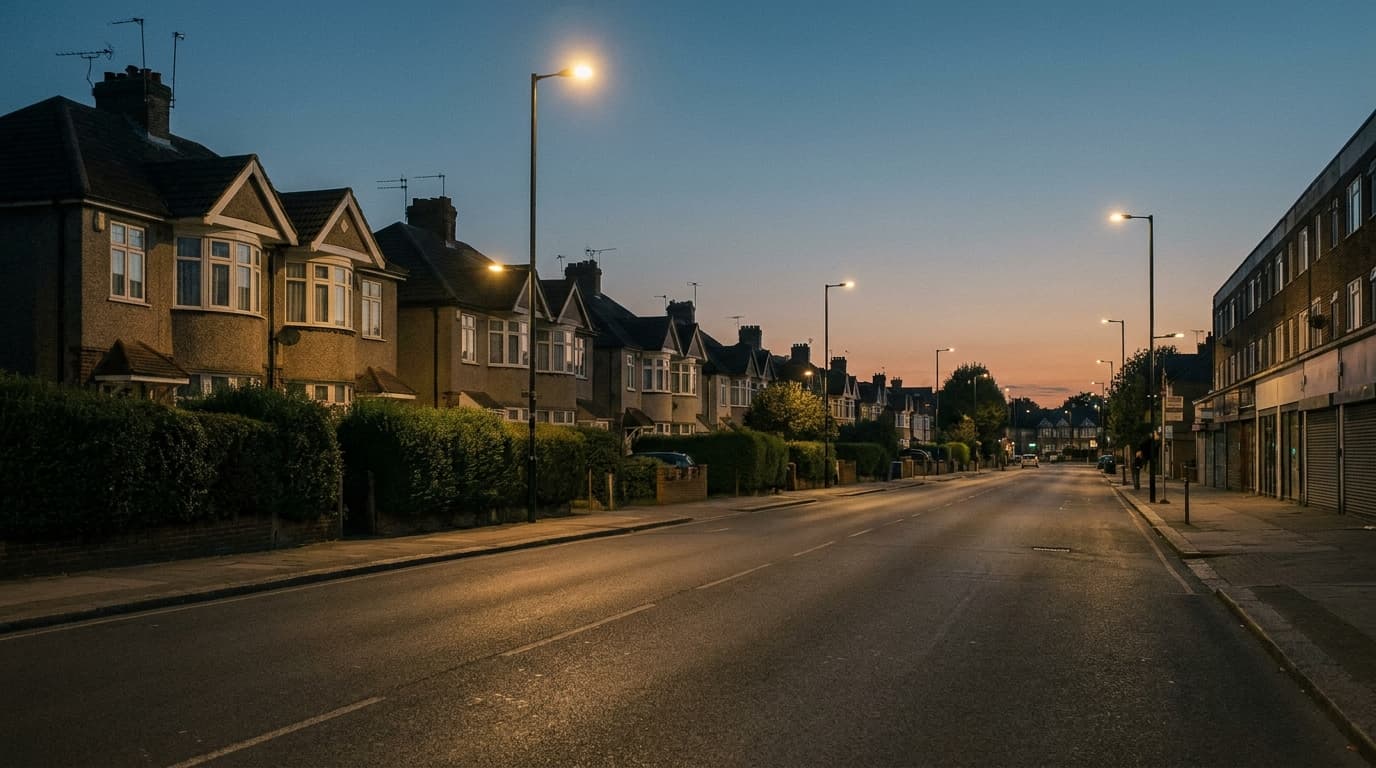 A suburban arterial road at dusk, interwar semis on one side and a retail parade with flats above on the other