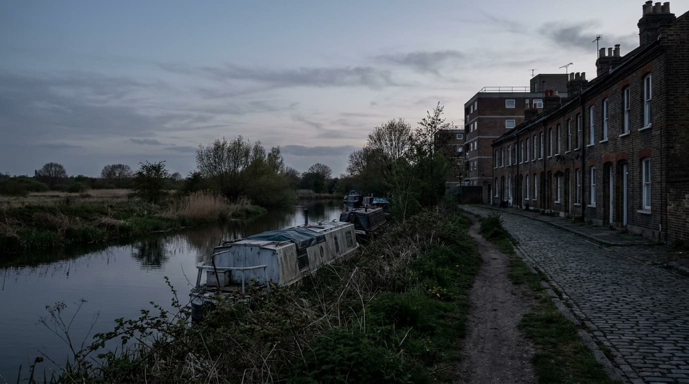 A Victorian terrace running down to a river towpath at dusk, narrowboats moored along the bank and marshland beyond, a post-war block behind
