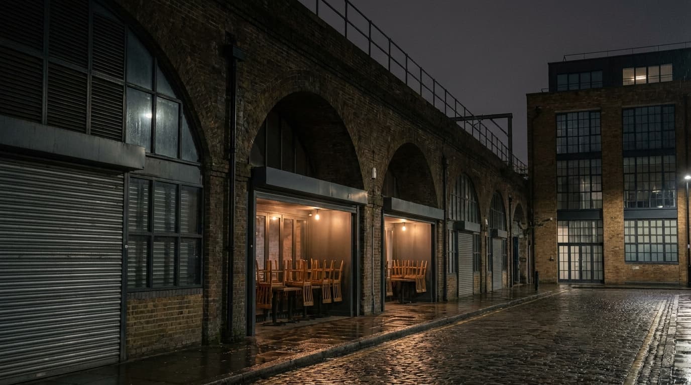 A Victorian railway viaduct at night, its arches fitted out as bars and workshops and closed for the night, a converted warehouse across a cobbled street