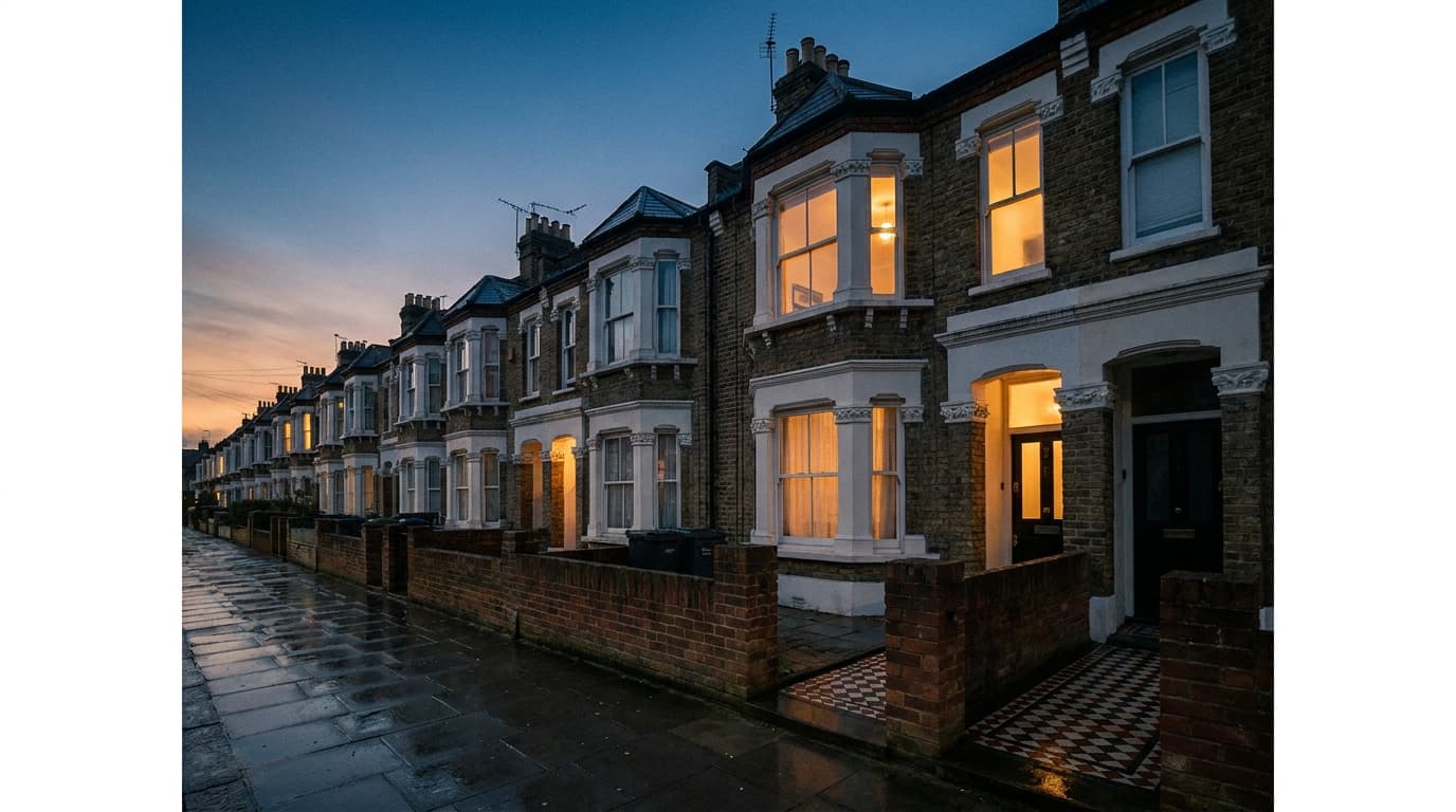 A long London Victorian terrace at dusk, bay windows and parapet chimneys receding down the street