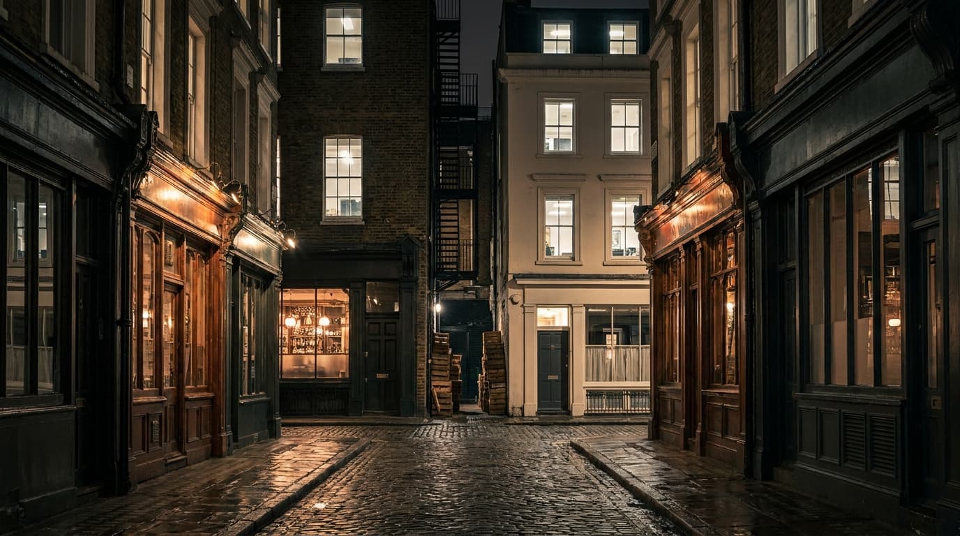 A narrow dense West End street at night, restaurant and bar frontages below lit flats and offices, no setback at all