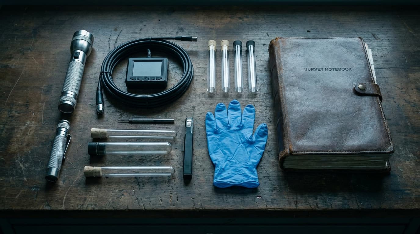 A technician's field equipment laid out on a dark workbench: torch, borescope, sample tubes, gloves and a survey notebook