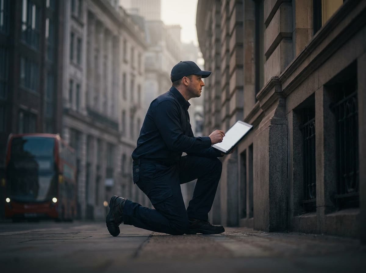 Nightshift technician in plain navy uniform inspecting the facade of a London commercial building at dawn