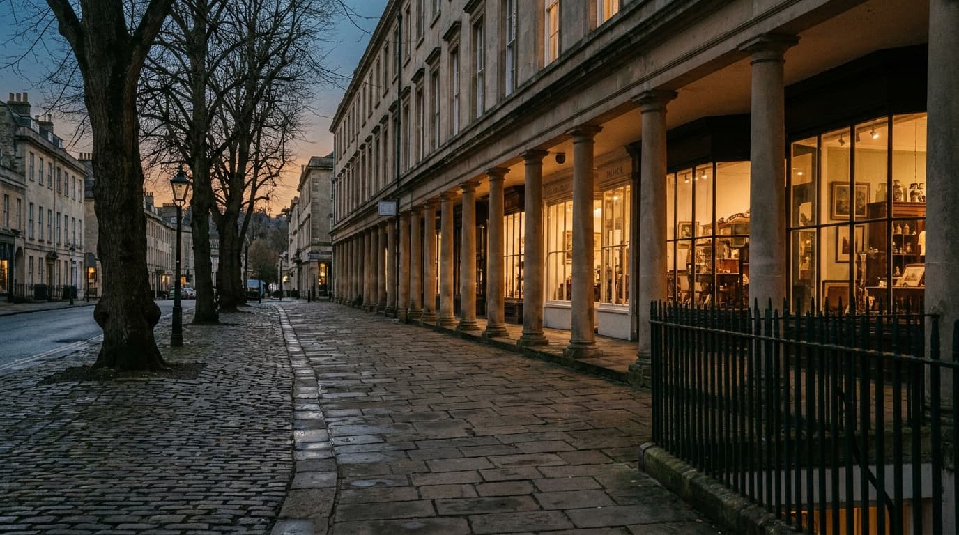 A colonnaded Georgian parade of shops at dusk with lit windows and mature trees