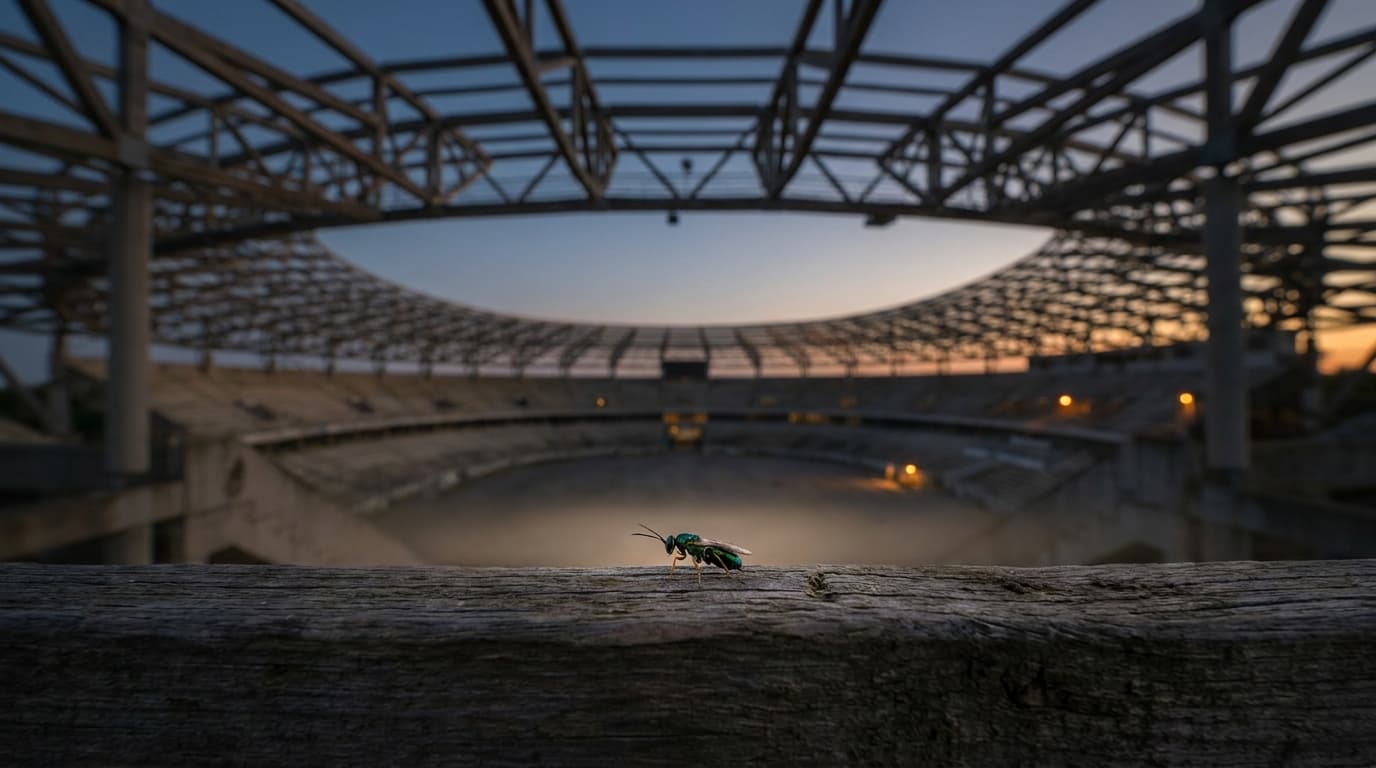 A parasitic wasp on an exposed timber beam, with the vast empty bowl of a stadium behind it at dusk