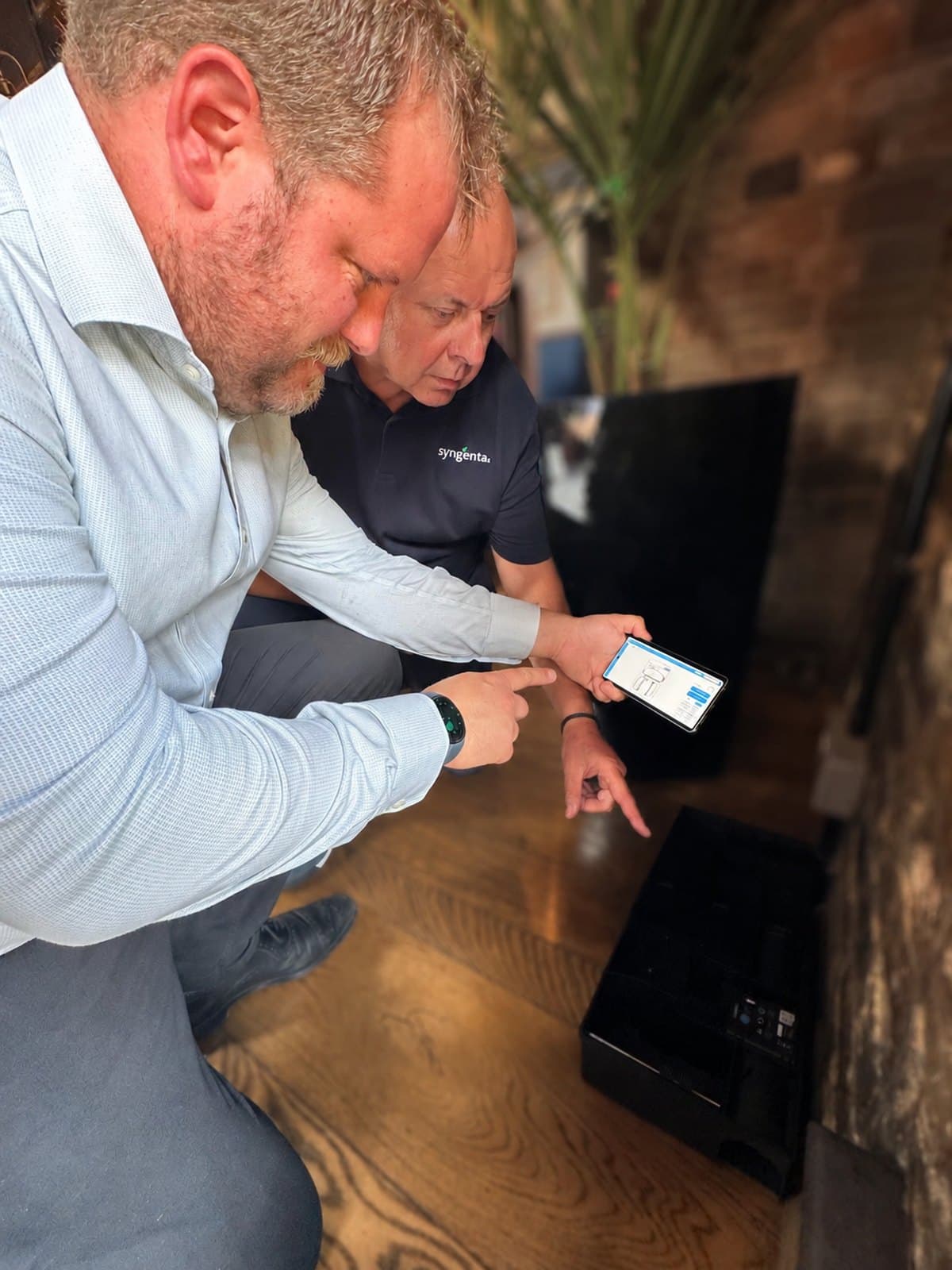 Nightshift and Syngenta reviewing live SecureChoice monitoring data at a monitoring point on the South Bank site